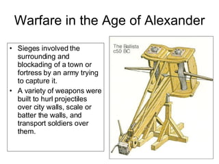 Warfare in the Age of Alexander Sieges involved the surrounding and blockading of a town or fortress by an army trying to capture it.  A variety of weapons were built to hurl projectiles over city walls, scale or batter the walls, and transport soldiers over them. 