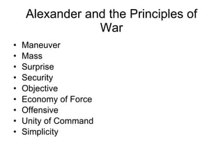 Alexander and the Principles of War Maneuver Mass Surprise Security Objective Economy of Force Offensive Unity of Command Simplicity 