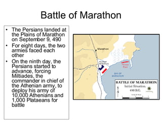 Battle of Marathon The Persians landed at the Plains of Marathon on September 9, 490  For eight days, the two armies faced each other  On the ninth day, the Persians started to advance, forcing Miltiades, the commander in chief of the Athenian army, to deploy his army of 10,000 Athenians and 1,000 Plataeans for battle 