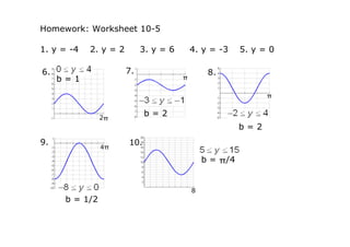 Homework: Worksheet 10­5

1. y = ­4    2. y = 2        3. y = 6       4. y = ­3     5. y = 0

6.                      7.                       8.
     b = 1                              π

                                                                  π


                2π
                              b = 2
                                                          b = 2
9.                      10.
                4π

                                                b = π/4


                                            8
      b = 1/2
 