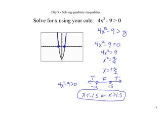 Day 9 ­ Solving quadratic inequalities

                                                 2 
Solve for x using your calc:   4x ­ 9 > 0




                                                      1
 
