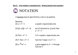 Day 2:   Fnct notation, evaluating fnct,  finding domain from equation


           NOTATION
   A function may be specified by a rule or an equation.

   Notation:
   (1) y = x2 + 1             y equals x squared plus one

   (2) {(x, y) y = x2 + 1}    set of all points (x, y) such that
                              y = x2 + 1

   (3) f(x) = x2 + 1          f of x equals x squared plus one

   (4) f: f(x) = x2 + 1       function f maps x to x2 + 1

           f
   (5) x       x2 + 1         x gets mapped to x2 + 1 through
                              function f


                                                                         1
 