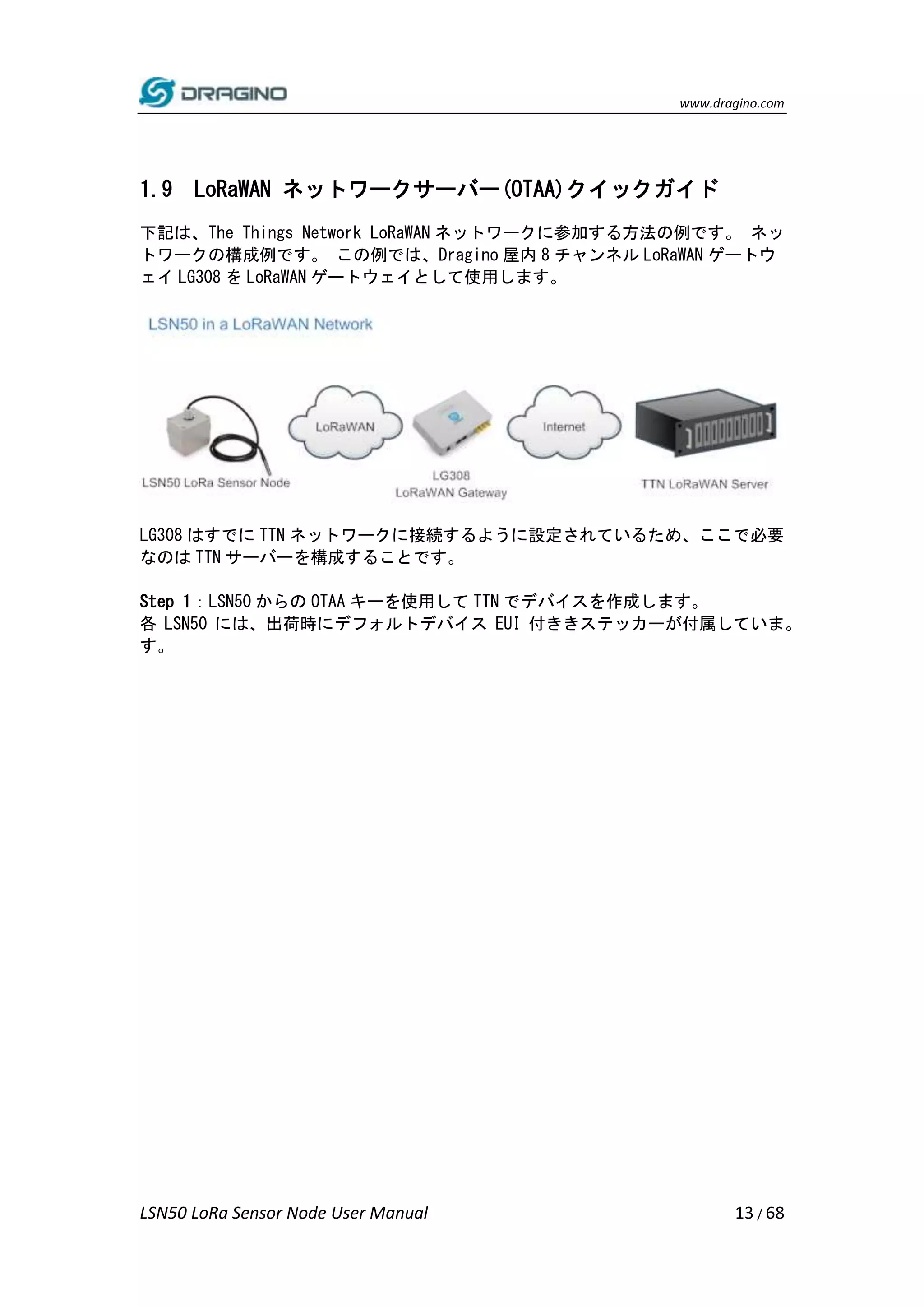 www.dragino.com
LSN50 LoRa Sensor Node User Manual 13 / 68
1.9 LoRaWAN ネットワークサーバー(OTAA)クイックガイド
下記は、The Things Network LoRaWAN ネットワークに参加する方法の例です。 ネッ
トワークの構成例です。 この例では、Dragino 屋内 8 チャンネル LoRaWAN ゲートウ
ェイ LG308 を LoRaWAN ゲートウェイとして使用します。
LG308 はすでに TTN ネットワークに接続するように設定されているため、ここで必要
なのは TTN サーバーを構成することです。
Step 1：LSN50 からの OTAA キーを使用して TTN でデバイスを作成します。
各 LSN50 には、出荷時にデフォルトデバイス EUI 付ききステッカーが付属していま。
す。
 