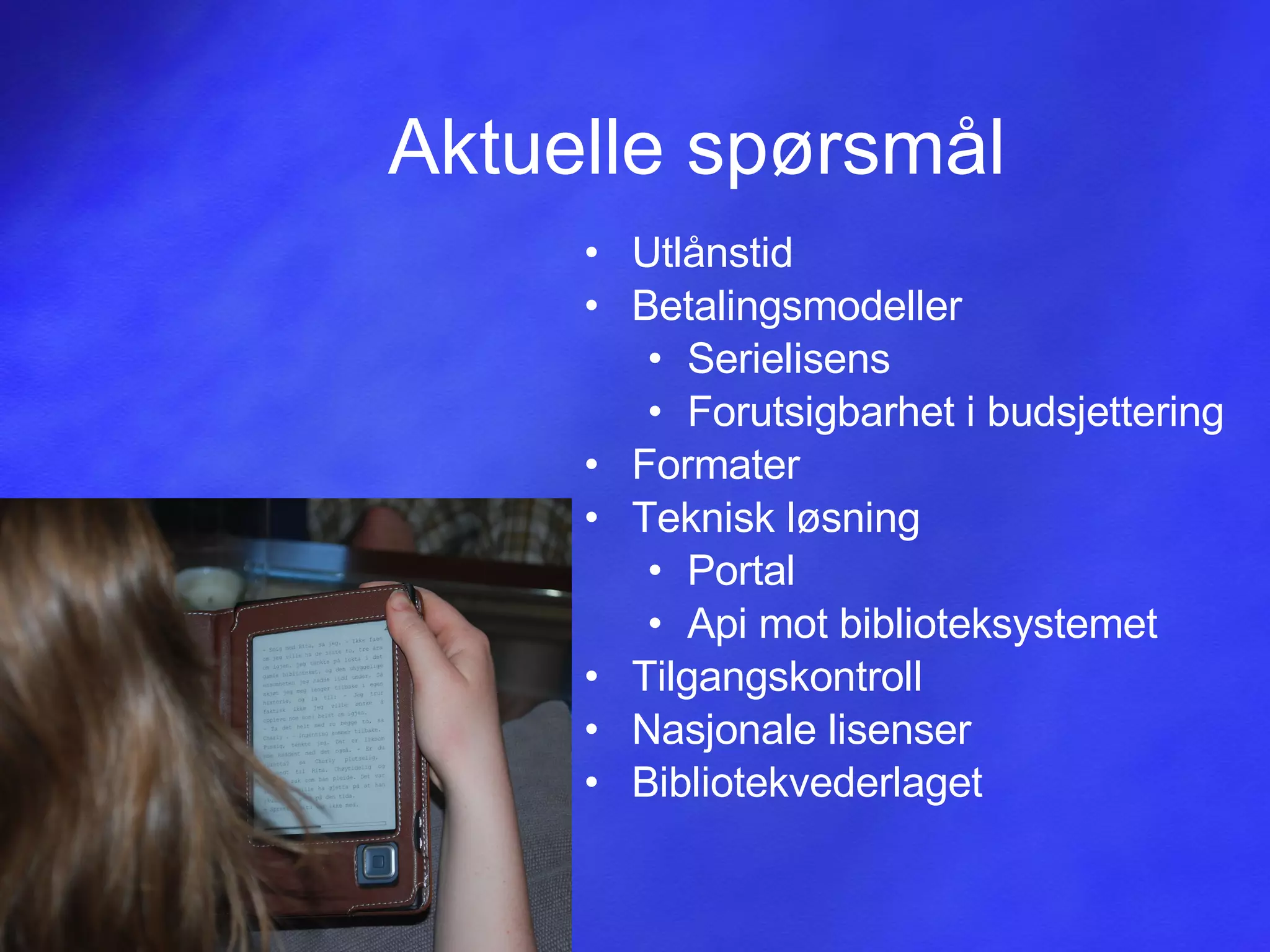 Aktuelle spørsmål Utlånstid Betalingsmodeller Serielisens Forutsigbarhet i budsjettering Formater Teknisk løsning Portal Api mot biblioteksystemet Tilgangskontroll Nasjonale lisenser Bibliotekvederlaget 