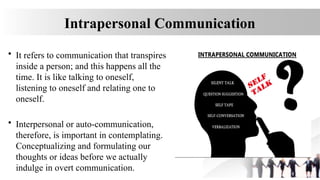 Intrapersonal Communication
• It refers to communication that transpires
inside a person; and this happens all the
time. It is like talking to oneself,
listening to oneself and relating one to
oneself.
• Interpersonal or auto-communication,
therefore, is important in contemplating.
Conceptualizing and formulating our
thoughts or ideas before we actually
indulge in overt communication.
 