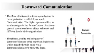 Downward Communication
• The flow of information from top to bottom in
the organisation is called down ward
Communication. The higher ups would like to
send messages in the form of orders directions or
general educational news either written or oral to
different levels of the organisation.
• Timeliness, quality and adequacy of
communication are three important ingredients
which must be kept in mind while
communication down below the lines.
 