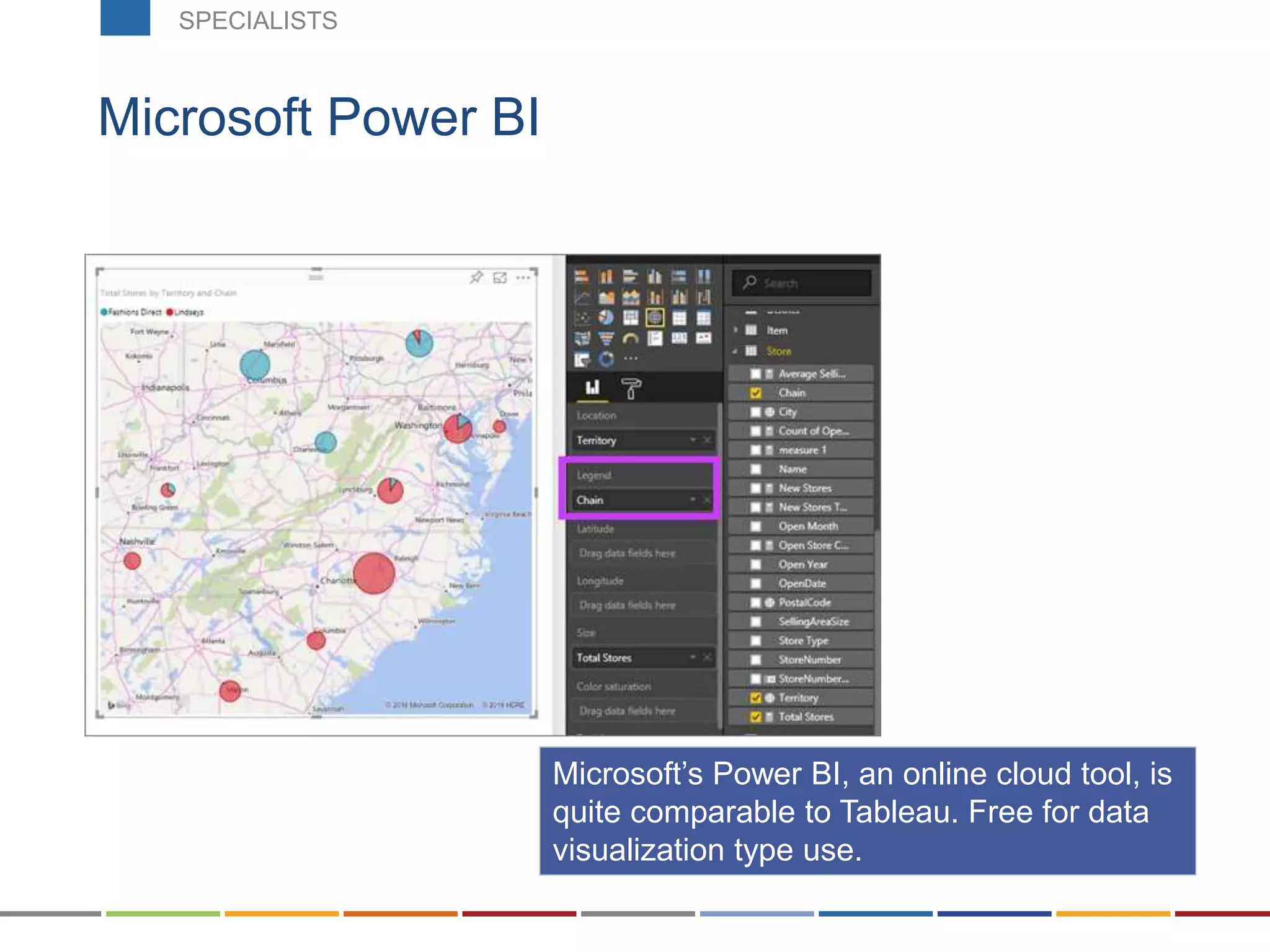 Microsoft Power BI
Microsoft’s Power BI, an online cloud tool, is
quite comparable to Tableau. Free for data
visualization type use.
SPECIALISTS
 