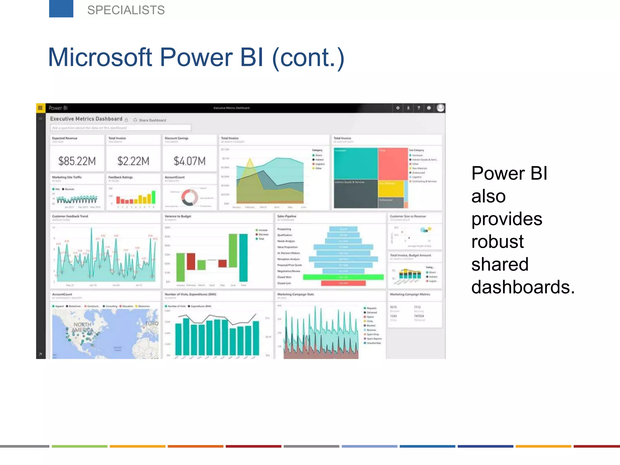Microsoft Power BI (cont.)
Power BI
also
provides
robust
shared
dashboards.
SPECIALISTSSPECIALISTS
 
