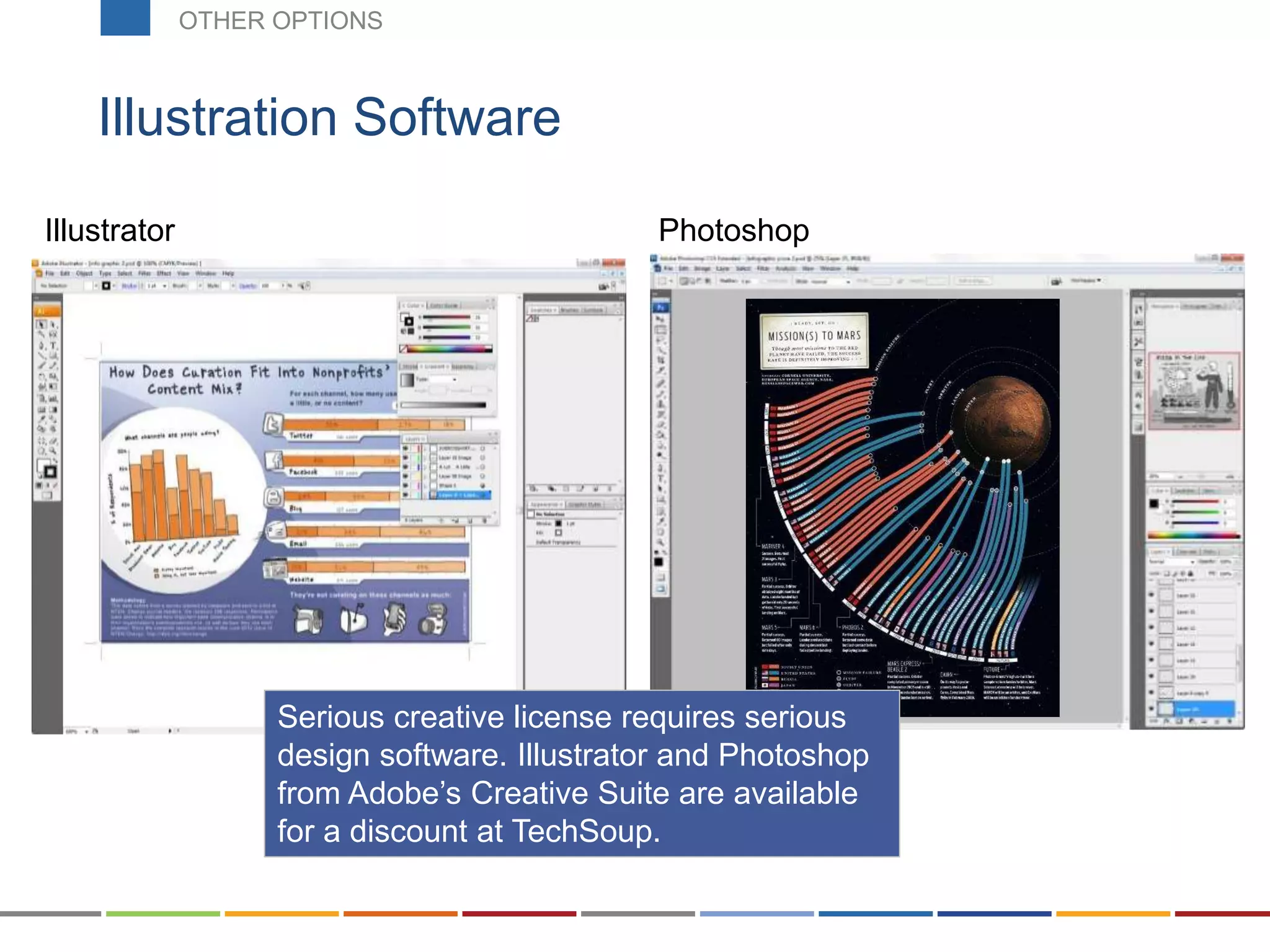 Illustration Software
Illustrator Photoshop
Serious creative license requires serious
design software. Illustrator and Photoshop
from Adobe’s Creative Suite are available
for a discount at TechSoup.
OTHER OPTIONSOTHER OPTIONS
 