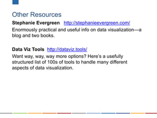 Stephanie Evergreen http://stephanieevergreen.com/
Enormously practical and useful info on data visualization—a
blog and two books.
Data Viz Tools http://dataviz.tools/
Want way, way, way more options? Here’s a usefully
structured list of 100s of tools to handle many different
aspects of data visualization.
Other Resources
 