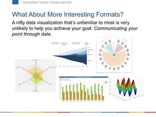 A nifty data visualization that’s unfamiliar to most is very
unlikely to help you achieve your goal: Communicating your
point through data.
What About More Interesting Formats?
CHOOSING YOUR VISUALIZATION
 