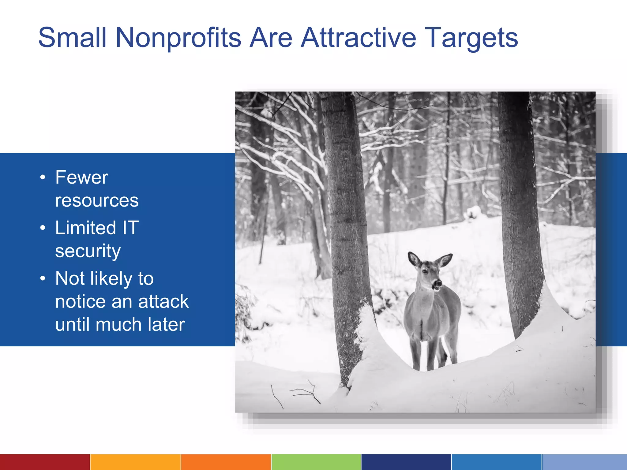 Small Nonprofits Are Attractive Targets
• Fewer
resources
• Limited IT
security
• Not likely to
notice an attack
until much later
 