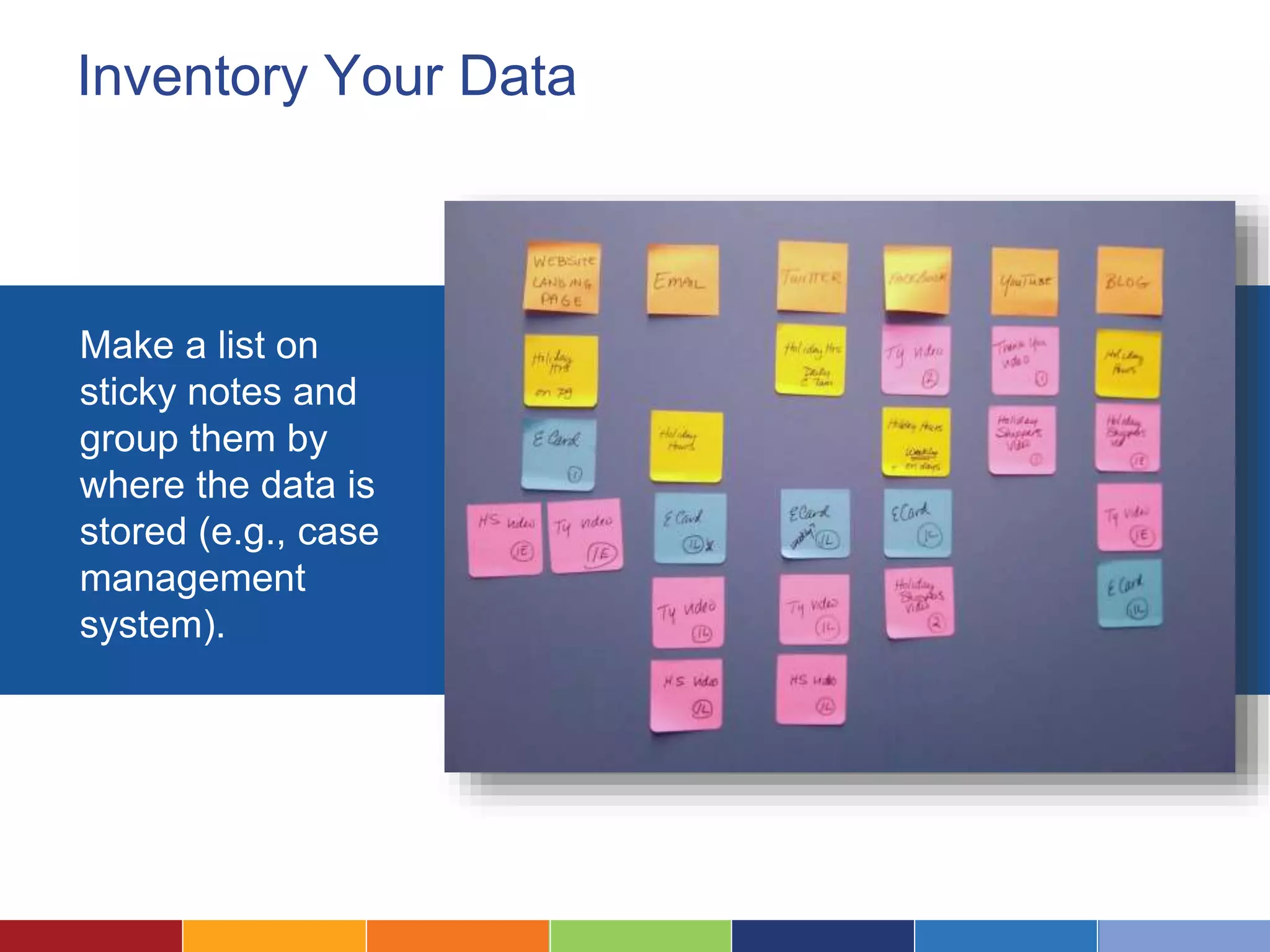 Inventory Your Data
Make a list on
sticky notes and
group them by
where the data is
stored (e.g., case
management
system).
 