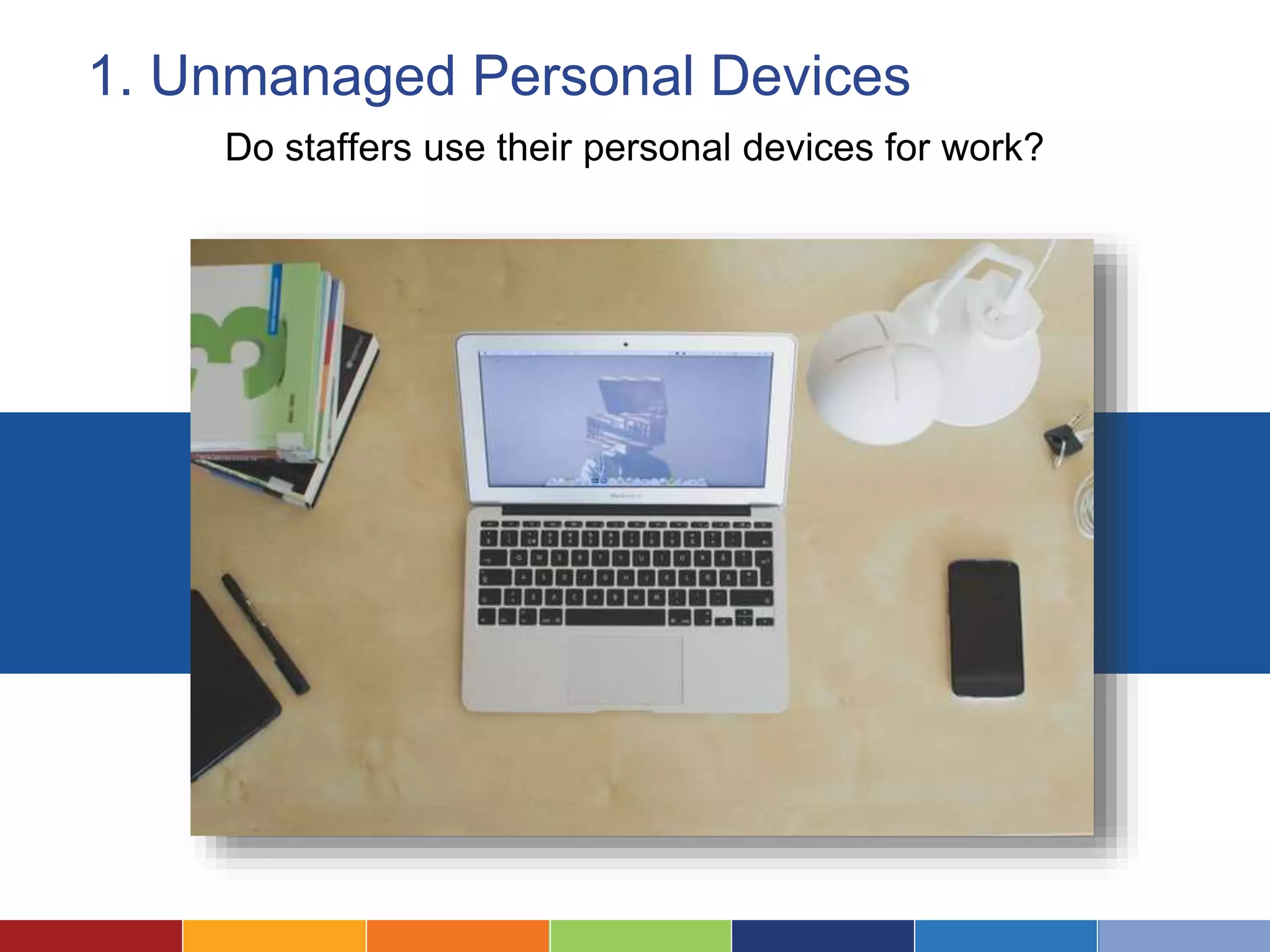 1. Unmanaged Personal Devices
Do staffers use their personal devices for work?
 