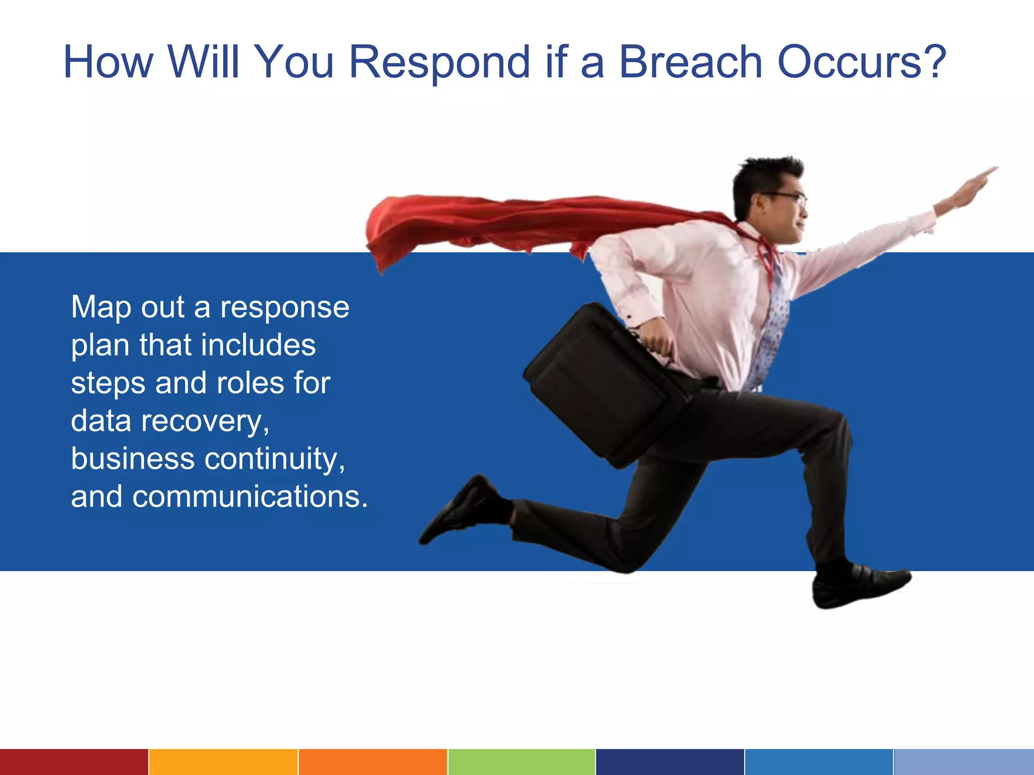 How Will You Respond if a Breach Occurs?
Map out a response
plan that includes
steps and roles for
data recovery,
business continuity,
and communications.
 