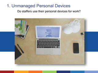 1. Unmanaged Personal Devices
Do staffers use their personal devices for work?
 