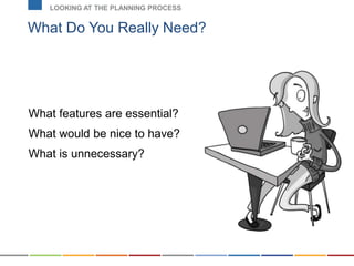 What Do You Really Need?
LOOKING AT THE PLANNING PROCESS
What features are essential?
What would be nice to have?
What is unnecessary?
 