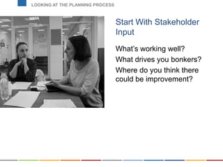 Start With Stakeholder
Input
What’s working well?
What drives you bonkers?
Where do you think there
could be improvement?
LOOKING AT THE PLANNING PROCESS
 