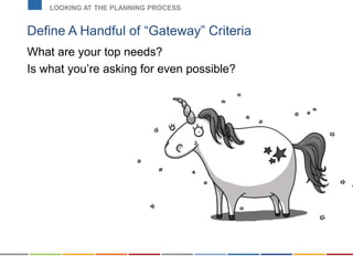 Define A Handful of “Gateway” Criteria
What are your top needs?
Is what you’re asking for even possible?
LOOKING AT THE PLANNING PROCESS
 