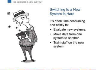 Switching to a New
System Is Hard
It’s often time consuming
and costly to:
• Evaluate new systems.
• Move data from one
system to another.
• Train staff on the new
system.
DO YOU NEED A NEW SYSTEM?
 