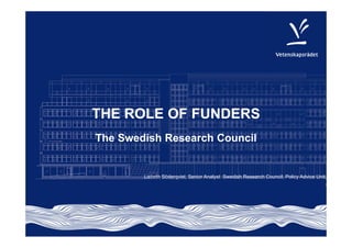 THE ROLE OF FUNDERS
The Swedish Research Council
Lisbeth Söderqvist, Senior Analyst Swedish Research Council, Policy Advice Unit,
,
 