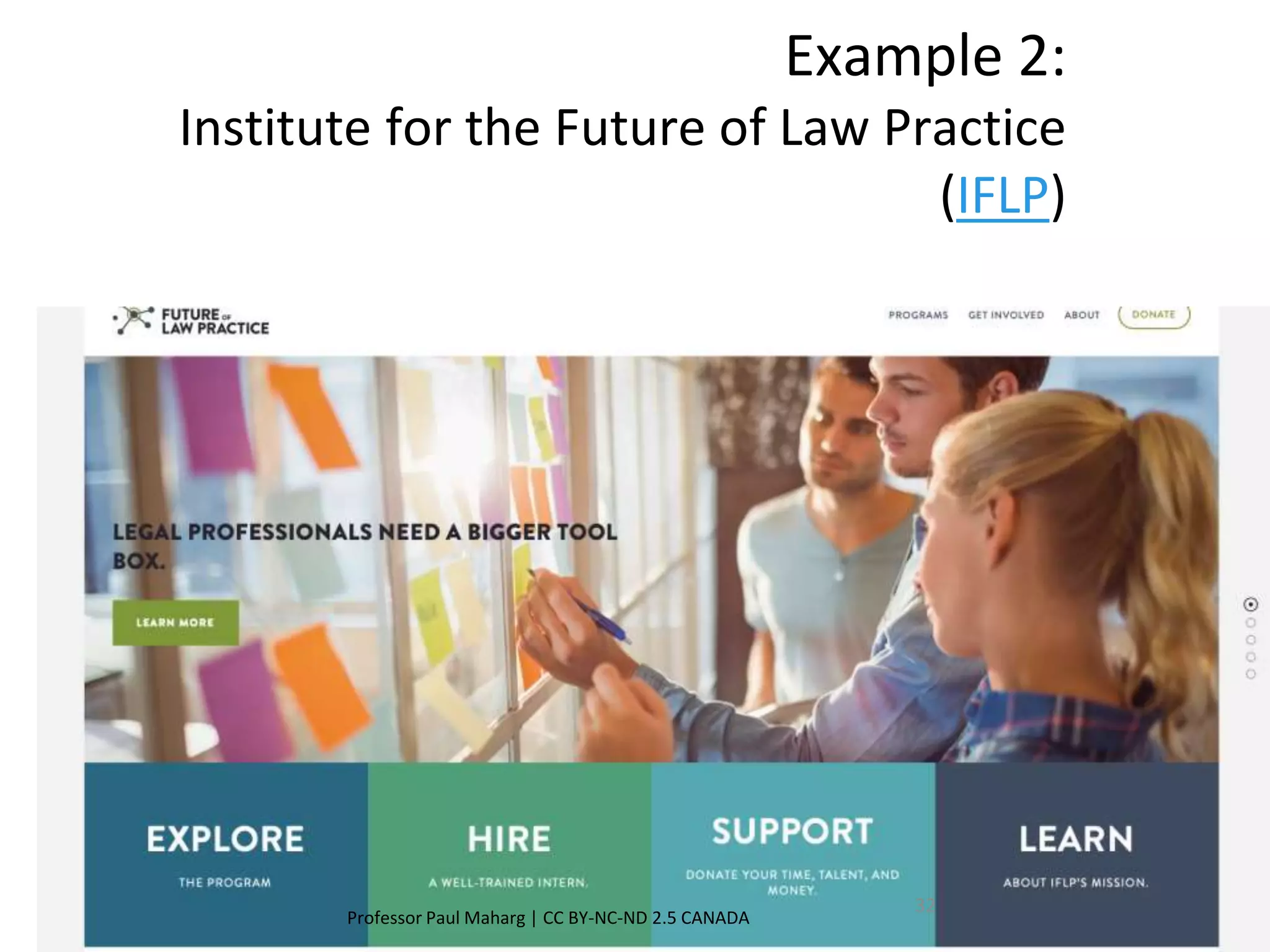 Example 2:
Institute for the Future of Law Practice
(IFLP)
Professor Paul Maharg | CC BY-NC-ND 2.5 CANADA
32
 