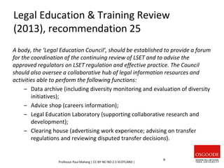 Legal Education & Training Review
(2013), recommendation 25
A body, the ‘Legal Education Council’, should be established to provide a forum
for the coordination of the continuing review of LSET and to advise the
approved regulators on LSET regulation and effective practice. The Council
should also oversee a collaborative hub of legal information resources and
activities able to perform the following functions:
– Data archive (including diversity monitoring and evaluation of diversity
initiatives);
– Advice shop (careers information);
– Legal Education Laboratory (supporting collaborative research and
development);
– Clearing house (advertising work experience; advising on transfer
regulations and reviewing disputed transfer decisions).
Professor Paul Maharg | CC BY-NC-ND 2.5 SCOTLAND |
9
 