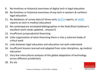 9. No timelines or historical overviews of digital tech in legal education
10. No timelines or historical overviews of any tech in western & northern
legal education
11. No databases of survey data (cf three early BILETA reports, or AMEE
reports on tech in medical education)
12. No contemporary annotated bibliographies in the field (Pearl Goldman’s
excellent work needs updated… Anyone?)
13. Insufficient jurisprudential theorizing
14. Little organization of what theorizing there is into a coherent body of
critical work
15. Links between legal education and education not well understood
16. Insufficient lessons learned and adapted from sister disciplines, eg medical
education
17. Very few intercultural analyses of the global adaptation of technology
across different jurisdictions
18. Etc etc
Professor Paul Maharg | CC BY-NC-ND 2.5 CANADA
19
 