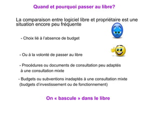 On « bascule » dans le libre - Choix lié à l’absence de budget  - Ou à la volonté de passer au libre   - Procédures ou documents de consultation peu adaptés à une consultation mixte - Budgets ou subventions inadaptés à une consultation mixte (budgets d’investissement ou de fonctionnement) La comparaison entre logiciel libre et propriétaire est une situation encore peu fréquente Quand et pourquoi passer au libre? 