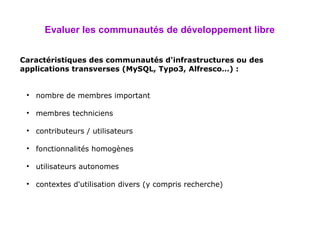 Evaluer les communautés de développement libre Caractéristiques des communautés d'infrastructures  ou  des applications transverses (MySQL, Typo3, Alfresco…) : nombre de membres important membres techniciens contributeurs / utilisateurs fonctionnalités homogènes utilisateurs autonomes contextes d'utilisation divers (y compris recherche) ‏ 