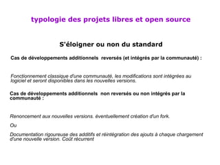 S'éloigner ou non du standard   Cas de développements additionnels  reversés (et intégrés par la communauté) :   Fonctionnement classique d'une communauté, les modifications sont intégrées au  logiciel et seront disponibles dans les nouvelles versions . Cas de développements additionnels  non reversés ou non intégrés par la communauté : Renoncement aux nouvelles versions. éventuellement création d'un fork. Ou Documentation rigoureuse des additifs et réintégration des ajouts à chaque chargement d'une nouvelle version. Coût récurrent typologie des projets libres et open source 