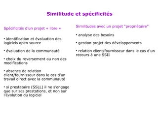 Spécificités d’un projet « libre » identification et évaluation des logiciels open source évaluation de la communauté choix du reversement ou non des modifications absence de relation client/fournisseur dans le cas d'un travail direct avec la communauté si prestataire (SSLL) il ne s’engage que sur ses prestations, et non sur l’évolution du logiciel Similitudes avec un projet “propriétaire ” analyse des besoins gestion projet des développements relation client/fournisseur dans le cas d'un recours à une SSII Similitude et spécificités 