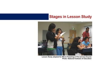 Stages in Lesson Study

Lesson Study adapted for Micro-Teaching in Pre-service Course
Photo: National Institute of Education

 