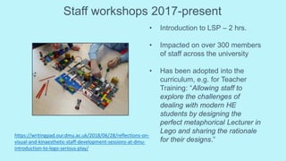 Staff workshops 2017-present
• Introduction to LSP – 2 hrs.
• Impacted on over 300 members
of staff across the university
• Has been adopted into the
curriculum, e.g. for Teacher
Training: “Allowing staff to
explore the challenges of
dealing with modern HE
students by designing the
perfect metaphorical Lecturer in
Lego and sharing the rationale
for their designs.”
https://writingpad.our.dmu.ac.uk/2018/06/28/reflections-on-
visual-and-kinaesthetic-staff-development-sessions-at-dmu-
introduction-to-lego-serious-play/
 