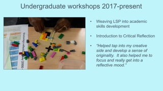 Undergraduate workshops 2017-present
• Weaving LSP into academic
skills development
• Introduction to Critical Reflection
• “Helped tap into my creative
side and develop a sense of
originality. It also helped me to
focus and really get into a
reflective mood.”
 