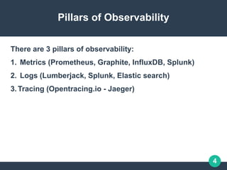 4
Pillars of Observability
There are 3 pillars of observability:
1. Metrics (Prometheus, Graphite, InfluxDB, Splunk)
2. Logs (Lumberjack, Splunk, Elastic search)
3.Tracing (Opentracing.io - Jaeger)
 