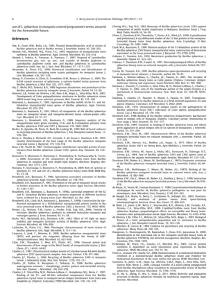 use of L. sphaericus in mosquito control programmes seems assured
for the foreseeable future.
References
Abe, K., Faust, R.M., Bulla, L.A., 1983. Plasmid deoxyribonucleic acid in strains of
Bacillus sphaericus and in Bacillus moritai. J. Invertebr. Pathol. 41, 328–335.
Ahmed, H.K., Mitchell, W.J., Priest, F.G., 1995. Regulation of mosquitocidal toxin
synthesis in Bacillus sphaericus. Appl. Environ. Microbiol. 43, 310–314.
Ahmed, I., Yokota, A., Yamazoe, A., Fujiwara, T., 2007. Proposal of Lysinibacillus
boronitolerans gen. nov. sp. nov., and transfer of Bacillus fusiformis to
Lysinibacillus fusiformis comb. nov. and Bacillus sphaericus to Lysinibacillus
sphaericus comb. nov. Int. J. Syst. Evol. Microbiol. 57, 1117–1125.
Alexander, B., Priest, F.G., 1990. Numerical classiﬁcation and identiﬁcation of
Bacillus sphaericus including some strains pathogenic for mosquito larvae. J.
Gen. Microbiol. 136, 367–376.
Almog, O., Gonzalez, A., Klein, D., Greenblatt, H.M., Braun, S., Shoham, G., 2003. The
0.93A crystal structure of sphericase: a calcium-loaded serine protease from
Bacillus sphaericus. J. Mol. Biol. 332, 1071–1082.
Aly, C., Mulla, M.S., Federici, B.A., 1989. Ingestion, dissolution, and proteolysis of the
Bacillus sphaericus toxin by mosquito larvae. J. Invertebr. Pathol. 53, 12–20.
Amorim, L.B., Fontes de Oliveira, C.M., Rios, E.M., Regis, L., Silva-Filha, M.H., 2007.
Development of Culex quinquefasciatus resistance to Bacillus sphaericus strain
IAB59 needs long term selection pressure. Biol. Control. 42, 155–160.
Baumann, L., Baumann, P., 1989. Expression in Bacillus subtilis of the 51- and 42-
kilodalton mosquitocidal toxin genes of Bacillus sphaericus. Appl. Environ.
Microbiol. 55, 252–253.
Baumann, L., Baumann, P., 1991. Effects of components of the Bacillus sphaericus
toxin on mosquito larvae and mosquito-derived tissue culture-grown cells.
Curr. Microbiol. 23, 51–57.
Baumann, L., Broadwell, A.H., Baumann, P., 1988. Sequence analysis of the
mosquitocidal toxin genes encoding 51.4- and 41.9-kilodalton proteins from
Bacillus sphaericus 2362 and 2297. J. Bacteriol. 170, 2045–2050.
Becker, N., Zgomba, M., Petric, D., Beck, M., Ludwig, M., 1995. Role of larval cadavers
in recycling processes of Bacillus sphaericus. J. Am. Mosquito Control Assoc. 11,
329–334.
Berry, C., Hindley, J., Ehrhardt, A.F., Grounds, T., de Souza, I., Davidson, E.W., 1993.
Genetic determinants of the host range of the Bacillus sphaericus mosquito
larvicidal toxins. J. Bacteriol. 175, 510–518.
Bone, L.W., Tinelli, R., 1987. Trichostrongylus colubriformis: larvicidal activity of toxic
extracts from Bacillus sphaericus (strain 1593) spores. Exp. Parasitol. 64, 514–
516.
Boonserm, P., Moonsom, S., Boonchoy, C., Promdonkoy, B., Parthasarathy, K., Torres,
J., 2006. Association of the components of the binary toxin from Bacillus
sphaericus in solution and with model lipid bilayers. Biochem. Biophys. Res.
Commun. 342, 1273–1278.
Boonyos, P., Soonsanga, S., Boonserm, P., Promdonkoy, B., 2009. Role of cysteine at
positions 67, 161 and 241 of a Bacillus sphaericus binary toxin BinB. BMB Rep.
43, 23–28.
Broadwell, A.H., Baumann, P., 1986. Sporulation-associated activation of Bacillus
sphaericus larvicide. Appl. Environ. Microbiol. 52, 758–764.
Broadwell, A.H., Baumann, P., 1987. Proteolysis in the gut of mosquito larvae results
in further activation of the Bacillus sphaericus toxin. Appl. Environ. Microbiol.
53, 1333–1337.
Broadwell, A.H., Baumann, L., Baumann, P., 1990a. Larvicidal properties of the 42
and 51 kilodalton Bacillus sphaericus proteins expressed in different bacterial
hosts: evidence for a binary toxin. Curr. Microbiol. 21, 361–366.
Broadwell, A.H., Clark, M.A., Baumann, L., Baumann, P., 1990b. Construction by site-
directed mutagenesis of a 39-kilodalton mosquitocidal protein similar to the
larva-processed toxin of Bacillus sphaericus 2362. J. Bacteriol. 172, 4032–4036.
Brown, I.D., Watson, T.M., Carter, J., Purdie, D.M., Kay, B.H., 2004. Toxicity of
VectoLex (Bacillus sphaericus) products to selected Australian mosquito and
nontarget species. J. Econ. Entomol. 97, 51–58.
Burke, W.F., McDonald, K.O., Davidson, E.W., 1983. Effect of UV light on spore
viability and mosquito larvicidal activity of Bacillus sphaericus 1593. Appl.
Environ. Microbiol. 46, 954–956.
Carboulec, N., Priest, F.G., 1989. Phenotypic characterisation of some strains of
Bacillus sphaericus. Lett. Appl. Microbiol. 9, 113–116.
Carpusca, I., Jank, T., Aktories, K., 2006. Bacillus sphaericus mosquitocidal toxin
(MTX) and pierisin: the enigmatic offspring from the family of ADP-
ribosyltransferases. Mol. Microbiol. 62, 621–630.
Chan, S.W., Thanabalu, T., Wee, B.Y., Porter, A.G., 1996. Unusual amino acid
determinants of host range in the Mtx2 family of mosquitocidal toxins. J. Biol.
Chem. 271, 14183–14187.
Charles, J.F., 1987. Ultrastructural midgut events in Culicidae larvae fed with Bacillus
sphaericus 2297 spore/crystal complex. Ann. Inst. Pasteur. 138, 471–484.
Charles, J.F., Nicolas, L., 1986. Recycling of Bacillus sphaericus 2362 in mosquito
larvae: a laboratory study. Ann. Inst. Pasteur. 137B, 101–111.
Charles, J.F., Kalfon, A., Bourgouin, C., Debarjac, H., 1988. Bacillus sphaericus
asporogenous mutants – morphology, protein pattern and larvicidal activity.
Ann. Inst. Pasteur. – Microbiol. 139, 243–259.
Charles, J.-F., Silva-Filha, M.H., Nielsen-LeRoux, C., Humphreys, M.J., Berry, C., 1997.
Binding of the 51- and 42-kDa individual components from the Bacillus
sphaericus crystal toxin to mosquito larval midgut membranes from Culex and
Anopheles sp. (Diptera: Culicidae). FEMS Microbiol. Lett. 156, 153–159.
Cheong, W.C., Yap, H.H., 1985. Bioassays of Bacillus sphaericus (strain 1593) against
mosquitoes of public health importance in Malaysia. Southeast Asian J. Trop.
Med. Public Health 16, 54–58.
Chiou, C., Davidson, E.W., Thanabalu, T., Porter, A.G., Allen, J.P., 1999. Crystallization
and preliminary X-ray diffraction studies of the 51 kDa protein of the mosquito-
larvicidal binary toxin from Bacillus sphaericus. Acta Crystallogr. D Biol.
Crystallogr. 55, 1083–1085.
Clark, M.A., Baumann, P., 1990. Deletion analysis of the 51-kilodalton protein of the
Bacillus sphaericus 2362 binary mosquitocidal toxin: construction of derivatives
equivalent to the larva-processed toxin. J. Bacteriol. 172, 6759–6763.
Cokmus, C., Yousten, A.A., 1993. Bacteriocin production by Bacillus sphaericus. J.
Invertebr. Pathol. 61, 323–325.
Cokmus, C., Davidson, E.W., Cooper, K., 1997. Electrophysiological effects of Bacillus
sphaericus binary toxin on cultured mosquito cells. J. Invertebr. Pathol. 69, 197–
204.
Correa, M., Yousten, A.A., 1995. Bacillus sphaericus spore germination and recycling
in mosquito larval cadavers. J. Invertebr. pathol. 66, 76–81.
Darboux, I., Nielsen-LeRoux, C., Charles, J.F., Pauron, D., 2001. The receptor of
Bacillus sphaericus binary toxin in Culex pipiens (Diptera: Culicidae) midgut:
molecular cloning and expression. Insect Biochem. Mol. Biol. 31, 981–990.
Darboux, I., Pauchet, Y., Castella, C., Silva-Filha, M. H., Nielsen-LeRoux, C., Charles, J.
F., Pauron, D., 2002. Loss of the membrane anchor of the target receptor is a
mechanism of bioinsecticide resistance. Proc. Natl. Acad. Sci. USA 99, 5830–
5835.
Darboux, I., Charles, J.F., Pauchet, Y., Warot, S., Pauron, D., 2007. Transposon-
mediated resistance to Bacillus sphaericus in a ﬁeld-evolved population of Culex
pipiens (Diptera: Culicidae). Cell Microbiol. 9, 2022–2029.
Davidson, E.W., 1979. Ultrastructure of midgut events in the pathogenesis of
Bacillus sphaericus strain SSII-1 infections of Culex pipiens quinquefasciatus
larvae. Can. J. Microbiol. 25, 178–184.
Davidson, E.W., 1988. Binding of the Bacillus sphaericus (Eubacteriales: Bacillaceae)
toxin to midgut cells of mosquito (Diptera: Culicidae) larvae: relationship to
host range. J. Med. Entomol. 25, 151–157.
Davidson, E.W., 1989. Variation in binding of Bacillus sphaericus toxin and wheat
germ agglutinin to larval midgut cells of six species of mosquitoes. J. Invertebr.
Pathol. 53, 251–259.
Davidson, E.W., Titus, M., 1987. Ultrastructural effects of the Bacillus sphaericus
mosquito larvicidal toxin on cultured mosquito cells. J. Invertebr. Pathol. 50,
213–220.
Davidson, E.W., Morton, H.L., Moffett, J.O., Singer, S., 1977. Effect of Bacillus
sphaericus Strain SSII-1 on Honey Bees, Apis-Mellifera. J. Invertebr. Pathol. 29,
344–346.
Davidson, E.W., Urbina, M., Payne, J., Mulla, M.S., Darwazeh, H., Dulmage, H.T.,
Correa, J.A., 1984. Fate of Bacillus sphaericus 1593 and 2362 spores used as
larvicides in the aquatic environment. Appl. Environ. Microbiol. 47, 125–129.
Davidson, E.W., Bieber, A.L., Meyer, M., Shellabarger, C., 1987a. Enzymatic activation
of the Bacillus sphaericus mosquito larvicidal toxin. J. Invertebr. Pathol. 50, 40–
44.
Davidson, E.W., Shellabarger, C., Meyer, M., Bieber, A.L., 1987b. Binding of the
Bacillus sphaericus mosquito larvicidal toxin to cultured insect cells. Can. J.
Microbiol. 33, 982–989.
Davidson, E.W., Oei, C., Meyer, M., Bieber, A.L., Hindley, J., Berry, C., 1990. Interaction
of the Bacillus sphaericus mosquito larvicidal proteins. Can. J. Microbiol. 36, 870–
878.
de Barjac, H., Veron, M., Cosmao Dumanoir, V., 1980. Caractérisation biochimique et
sérologique de souches de Bacillus sphaericus pathogènes ou non pour les
moustiques. Ann. Microbiol. (Inst. Pasteur). 131B, 191–201.
de Maagd, R.A., Bravo, A., Berry, C., Crickmore, N., Schnepf, H.E., 2003. Structure,
diversity, and evolution of protein toxins from spore-forming
entomopathogenic bacteria. Annu. Rev. Genet. 37, 409–433.
de Melo, J.V., Jones, G.W., Berry, C., Vasconcelos, R.H., Oliveira, C.M., Furtado, A.F.,
Peixoto, C.A., Silva-Filha, M.H., 2009. Cry48Aa/Cry49Aa toxin from Bacillus
sphaericus displays cytopathological effects on susceptible and Binary toxin-
resistant Culex quinquefasciatus larvae. Appl. Environ. Microbiol. 75, 4782–4789.
de Oliveira, C.M., Filho, F.C., Beltran, J.E., Silva-Filha, M.H., Regis, L., 2003. Biological
ﬁtness of a Culex quinquefasciatus population and its resistance to Bacillus
sphaericus. J. Am. Mosquito Control Assoc. 19, 125–129.
Des Rochers, B., Garcia, R., 1984. Evidence for persistence and recycling of Bacillus
sphaericus. Mosq. News 44, 160–165.
Elangovan, G., Shanmugavelu, M., Rajamohan, F., Dean, D.H., Jayaraman, K., 2000.
Identiﬁcation of the functional site in the mosquito larvicidal binary toxin of
Bacillus sphaericus 1593M by site-directed mutagenesis. Biochem. Biophys. Res.
Commun. 276, 1048–1055.
El-Bendary, M., Priest, F.G., Charles, J.F., Mitchell, W.J., 2005. Crystal protein
synthesis is dependent on early sporulation gene expression in Bacillus
sphaericus. FEMS Microbiol. Lett. 252, 51–56.
From, C., Granum, P.E., Hardy, S.P., 2008. Demonstration of a cholesterol-dependent
cytolysin in a noninsecticidal Bacillus sphaericus strain and evidence for
widespread distribution of the toxin within the species. FEMS Microbiol. Lett.
Gammon, K., Jones, G.W., Hope, S.J., Oliveira, C.M.F., Regis, L., Silva-Filha, M.H.,
Dancer, B.M., Berry, C., 2006. Conjugal transfer of a toxin-coding megaplasmid
from Bacillus thuringiensis subsp. israelensis to mosquitocidal strains of Bacillus
sphaericus. Appl. Environ. Microbiol. 73, 1766–1770.
Ge, Y., Hu, X., Zheng, D., Wu, Y., Yuan, Z., 2011. Allelic diversity and population
structure of Bacillus sphaericus revealed by multilocus sequence typing. Appl.
Environ. Microbiol.
8 C. Berry / Journal of Invertebrate Pathology 109 (2012) 1–10
 