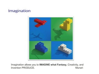 Imagination
Imagination allows you to IMAGINE what Fantasy, Creativity, and
Invention PRODUCE. Munari
 