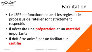 Facilitation 
• 
Le LSP® ne fonctionne que si les règles et le processus de l’atelier sont strictement respectés 
• 
Il nécessite une préparation et un matériel importants 
• 
Il doit être animé par un facilitateur certifié 21/10/2014 (c) Agilbee 2012. All right reserved. 19 
 