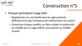 Construction n°5 
• 
Chaque participant rouge doit : 
– 
Représenter sur une feuille tous les agencements différents d’au plus 6 briques qui représentent un canard 
– 
Construire chaque modèle, en faire valider la conformité au modèle par un juge-arbitre, puis passer au modèle suivant 21/10/2014 (c) Agilbee 2012. All right reserved. 24 
 