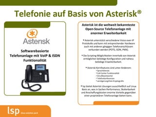 Telefonie auf Basis von Asterisk® Asterisk ist die weltweit bekannteste Open-Source Telefonanlage mit  enormer Erweiterbarkeit Asterisk unterstützt verschiedene Voice-over-IP Protokolle und kann mit entsprechender Hardware auch mit anderen gängigen Telefonanschlüssen verbunden werden (POTS, ISDN, PMX). Die Scripting-Möglichkeiten innerhalb von Asterisk ermöglichen beliebige Konfiguration und nahezu beliebige Erweiterbarkeit. Asterisk Kernfeatures sind unter Anderem: Sprachdienste Call-Center Funktionalität  Anrufbeantworter  Telefonkonferenzen verzögerungsfreie Kryptografie lsp bietet Asterisk-Lösungen ausschließlich auf Linux Basis an, was in Sachen Performance, Skalierbarkeit und Anschaffungskosten enorme Vorteile gegenüber einer proprietären Telefonanlage bieten kann.  Softwarebasierte Telefonanlage mit VoIP & ISDN Funktionalität 