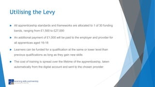 Utilising the Levy
 All apprenticeship standards and frameworks are allocated to 1 of 30 funding
bands, ranging from £1,500 to £27,000
 An additional payment of £1,000 will be paid to the employer and provider for
all apprentices aged 16-18
 Learners can be funded for a qualification at the same or lower level than
previous qualifications as long as they gain new skills
 The cost of training is spread over the lifetime of the apprenticeship, taken
automatically from the digital account and sent to the chosen provider
 
