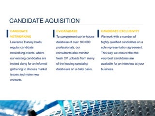 CANDIDATE AQUISITION 
CANDIDATE NETWORKING Lawrence Harvey holds regular candidate networking events, where our existing candidates are invited along for an informal gathering to discuss market issues and make new contacts. 
CV-DATABASE To complement our in-house database of over 100.000 professionals, our consultants also monitor fresh CV uploads from many of the leading specialist databases on a daily basis. 
CANDIDATE EXCLUSIVITY We work with a number of highly qualified candidates on a sole representation agreement. This way we ensure that the very best candidates are available for an interview at your business.  