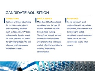 CANDIDATE AQUISITION 
ADVERTISING 
We have unlimited advertising for our high profile roles on industry leading websites, such as Total Jobs, CW Jobs, Jobserve abd Jobsite, as well as niche specialist job boards for particular skillsets. We can also use local newspapers throughout Europe. 
DIRECT SEARCH More than 70% of our placed candidates over the past 12 months have been secured through head-hunting. Through our network we can access passive candidates who are not active on the job market; often the best talent is currently employed by someone else. 
REFERRALS As we have such good relationships with each of our candidates, they are often able to refer highly skilled candidates for particular roles. These people are often inaccessible by any other means.  
