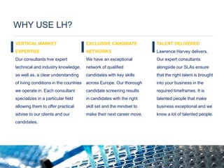 WHY USE LH? 
VERTICAL MARKET EXPERTISE Our consultants hve expert technical and industry knowledge, as well as, a clear understanding of living conditions in the countries we operate in. Each consultant specializes in a particular field allowing them to offer practical advise to our clients and our candidates. 
EXCLUSIVE CANDIDATE NETWORKS We have an exceptional network of qualified candidates with key skills across Europe. Our thorough candidate screening results in candidates with the right skill set and the mindset to make their next career move. 
TALENT DELIVERED Lawrence Harvey delivers. Our expert consultants alongside our SLAs ensure that the right talent is brought into your business in the required timeframes. It is talented people that make business exceptional and we know a lot of talented people.  