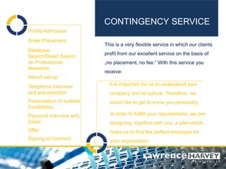 CONTINGENCY SERVICE 
This is a very flexible service in which our clients profit from our excellent service on the basis of „no placement, no fee.“ With this service you receive: 
Profile Admission 
Order Placement 
Database Search/Direct Search on Professional Networks 
Advert set-up 
Telephone Interview and pre-selection 
It is important for us to understand your company and ist culture. Therefore, we would like to get to know you personally. 
Presentation of suitable Candidates 
Personal Interview with 
Client 
Offer 
Signing of Contract 
In order to fullfill your requirements, we are designing, together with you, a plan which helps us to find the perfect employee for your organization.  