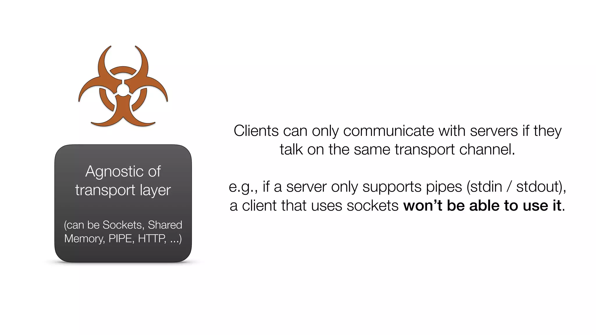 Agnostic of
transport layer
(can be Sockets, Shared
Memory, PIPE, HTTP, ...)
Clients can only communicate with servers if they
talk on the same transport channel.
e.g., if a server only supports pipes (stdin / stdout),
a client that uses sockets won’t be able to use it.
 