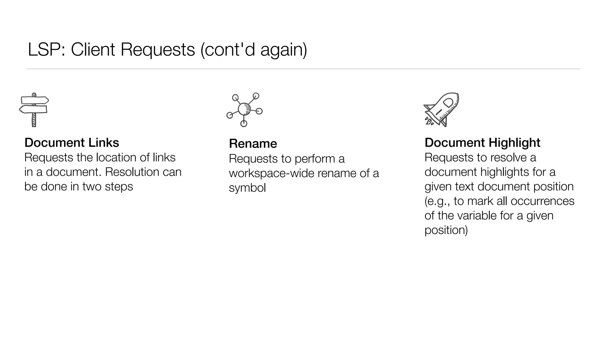 LSP: Client Requests (cont'd again)
Rename
Requests to perform a
workspace-wide rename of a
symbol
Document Links
Requests the location of links
in a document. Resolution can
be done in two steps
Document Highlight
Requests to resolve a
document highlights for a
given text document position
(e.g., to mark all occurrences
of the variable for a given
position)
 