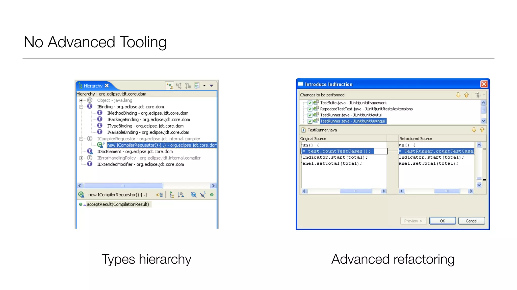 No Advanced Tooling
Types hierarchy Advanced refactoring
 