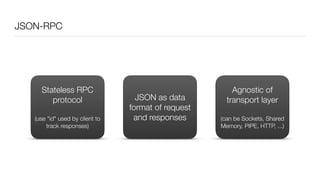 JSON-RPC
Stateless RPC
protocol
(use "id" used by client to
track responses)
JSON as data
format of request
and responses
Agnostic of
transport layer
(can be Sockets, Shared
Memory, PIPE, HTTP, ...)
 